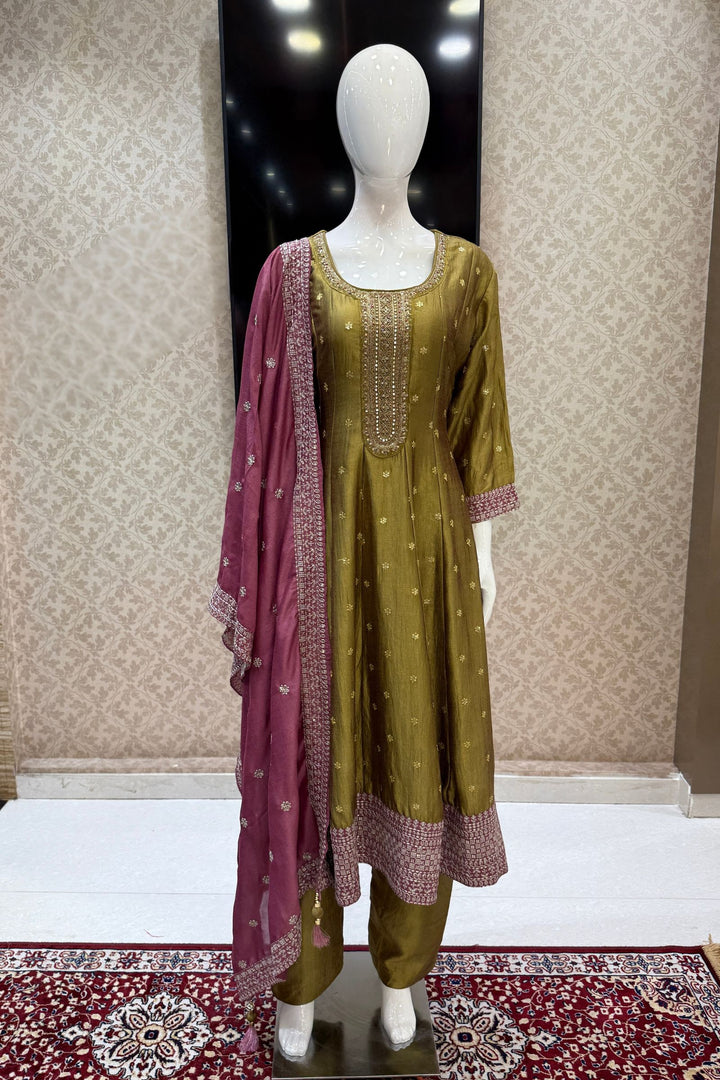Olive Green Beads, Zardozi, Thread, Sequins, Stone and Zari work A-line Cut Salwar Suit