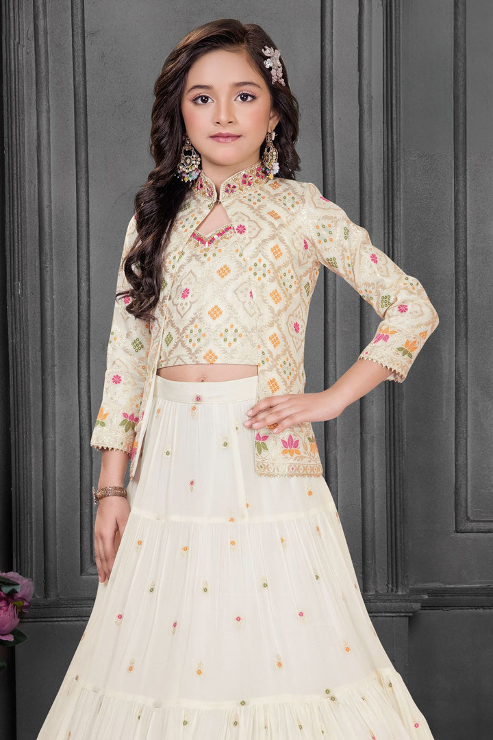 Cream Banaras Zari, Mirror and Stone work Jacket Styled Lehenga Choli for Girls