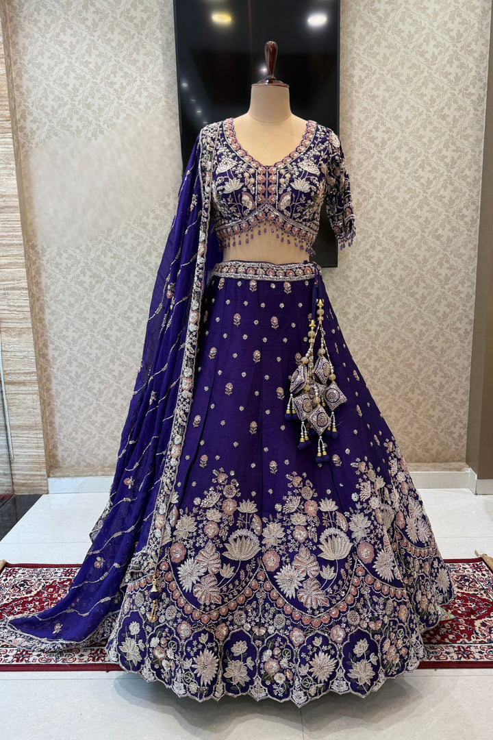 Purple Bridal Lehenga Set with Intricate Zari, Sequins, Beads and Floral Embroidery