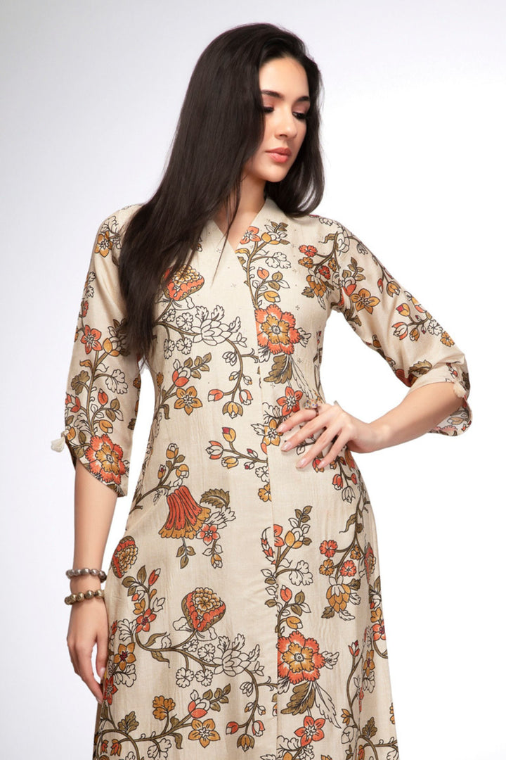 Beige Stone work with Floral Print A-line Cut Calf Length Kurti