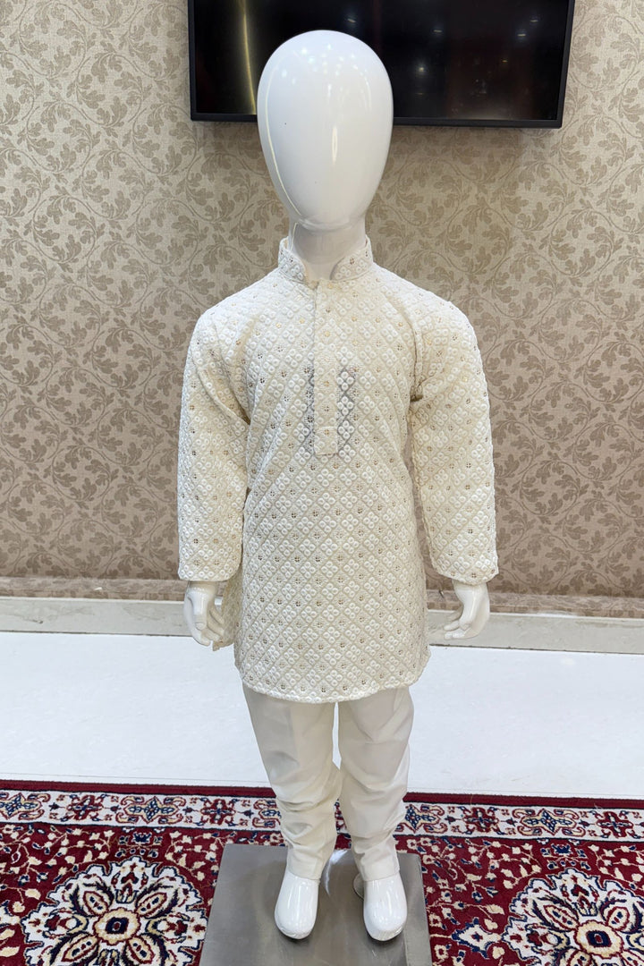 Cream Sequins and Embroidery work Kurta Set for Boys