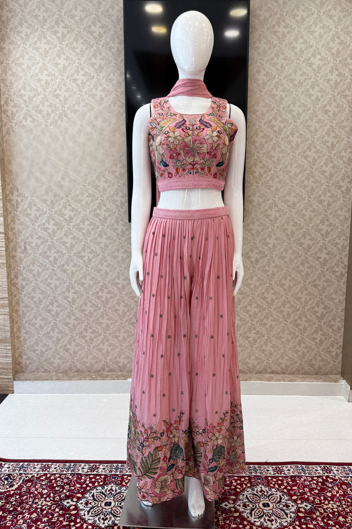 Pink Floral Embroidered Palazzo Set