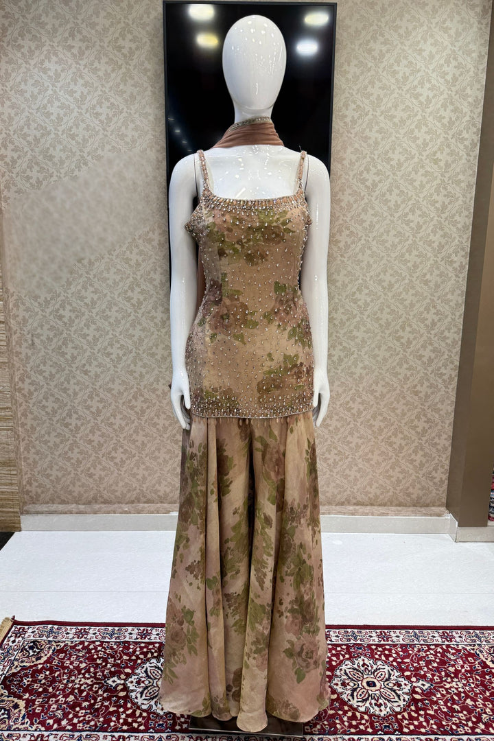 Light Brown Floral Print Top and Flared Palazzo Set with Kundan and Beads work
