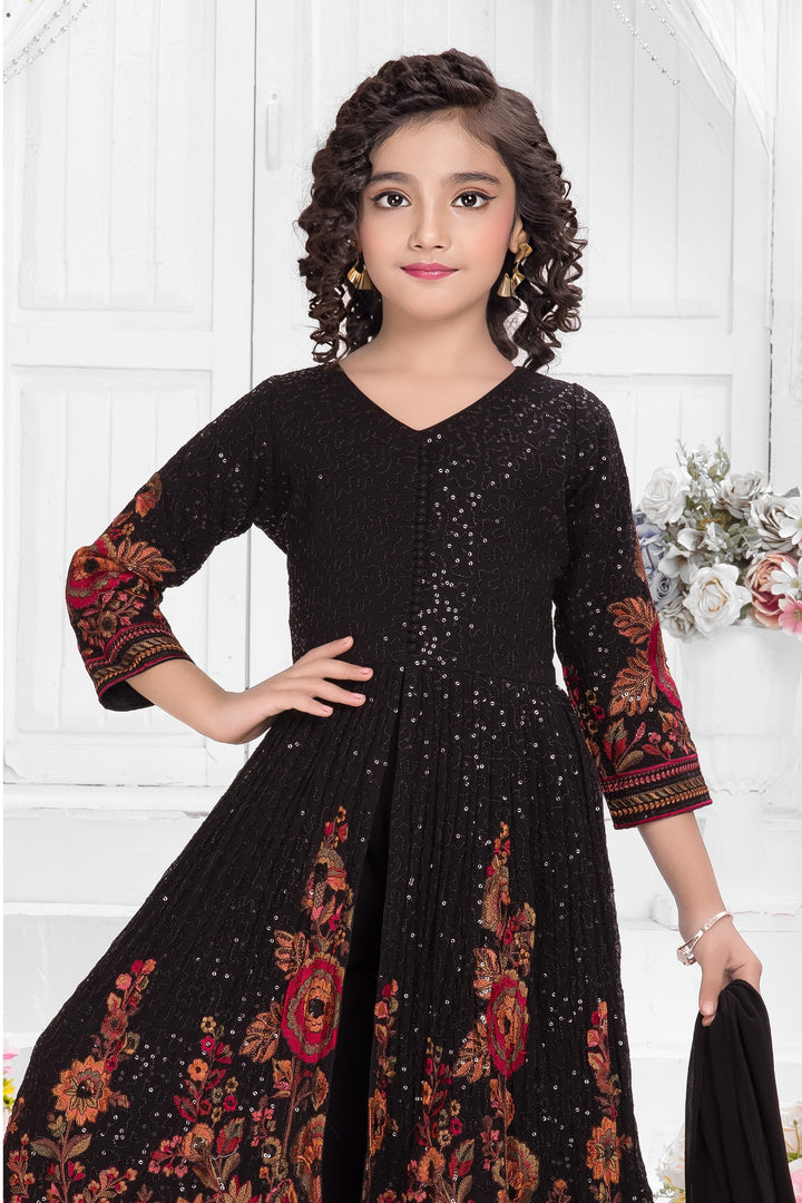 Black Multicolor Embroidery and Sequins work for Girls Palazzo Set