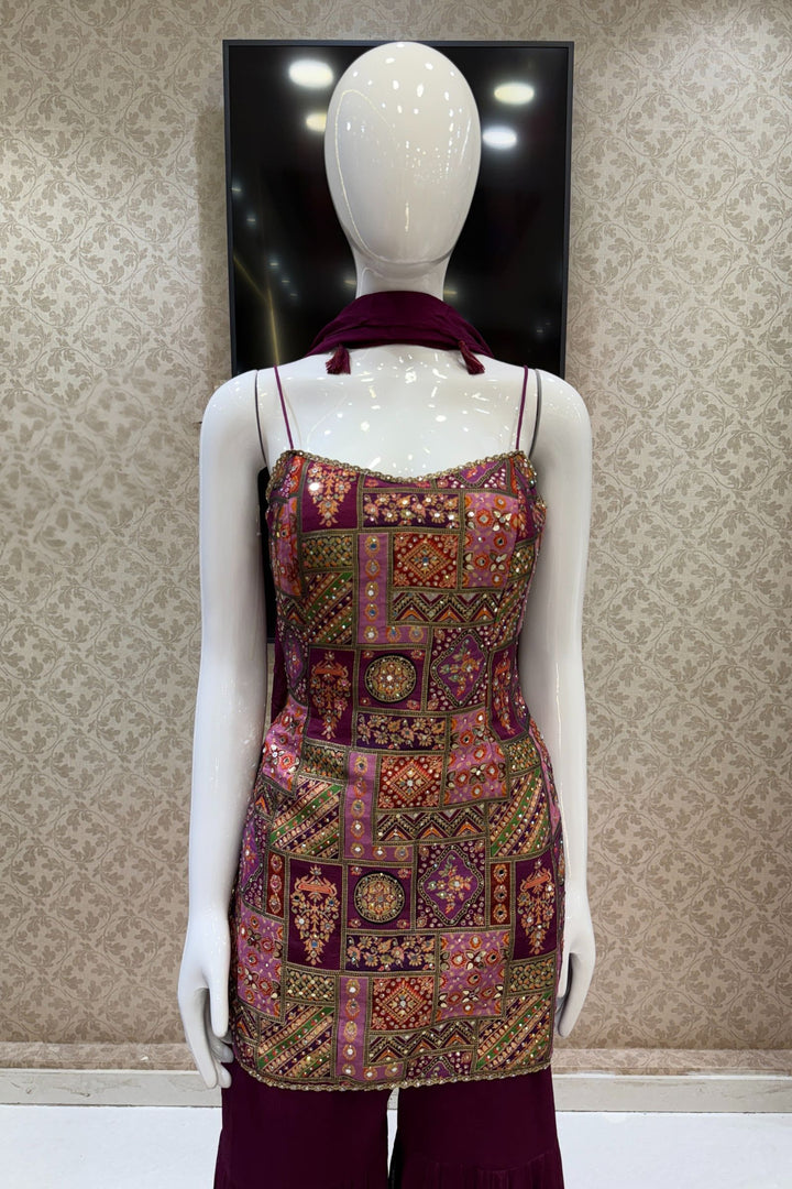 Wine Stone, Mirror and Banaras work with Digital Print Sharara Salwar Suit