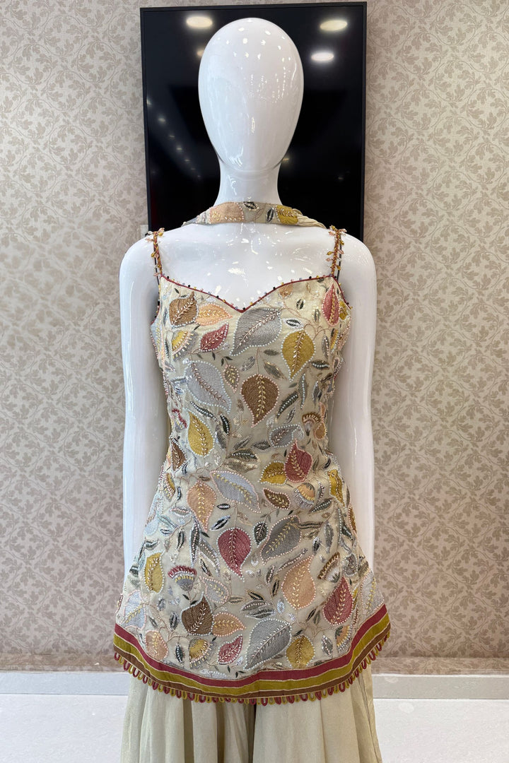 Cream Set Featuring All-Over Multicolour Thread and Bead Leaf Embroidery