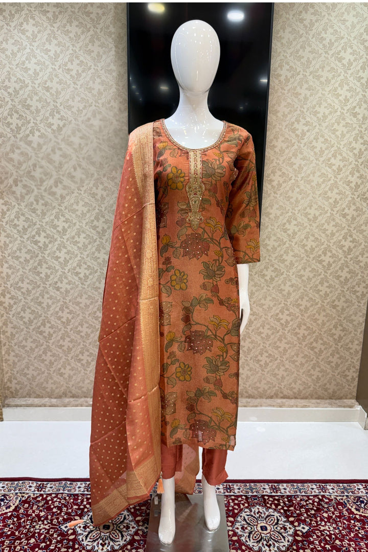 Rust Orange Sequins, Beads, Zardozi and Banaras work Straight Cut Salwar Suit