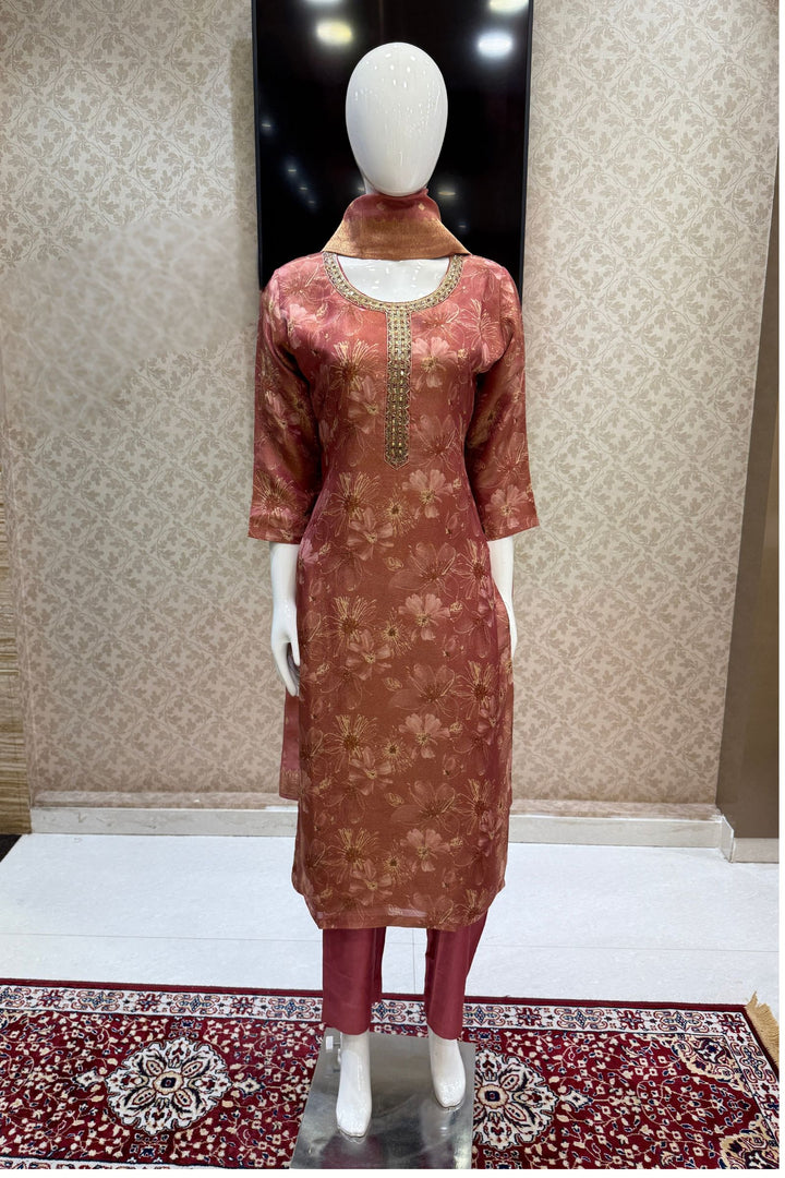 Gajri Pink Mirror, Zardozi and Banaras work with Floral Print Straight Cut Salwar Suit