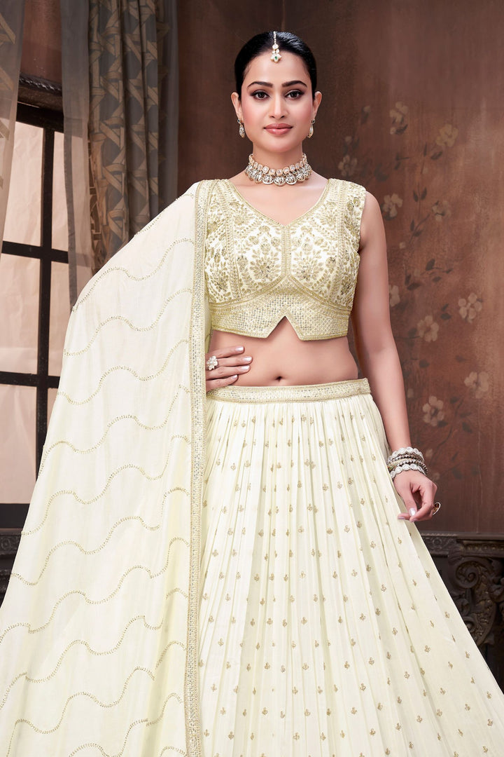 Half White Beads, Sequins and Zari work Crop Top Lehenga