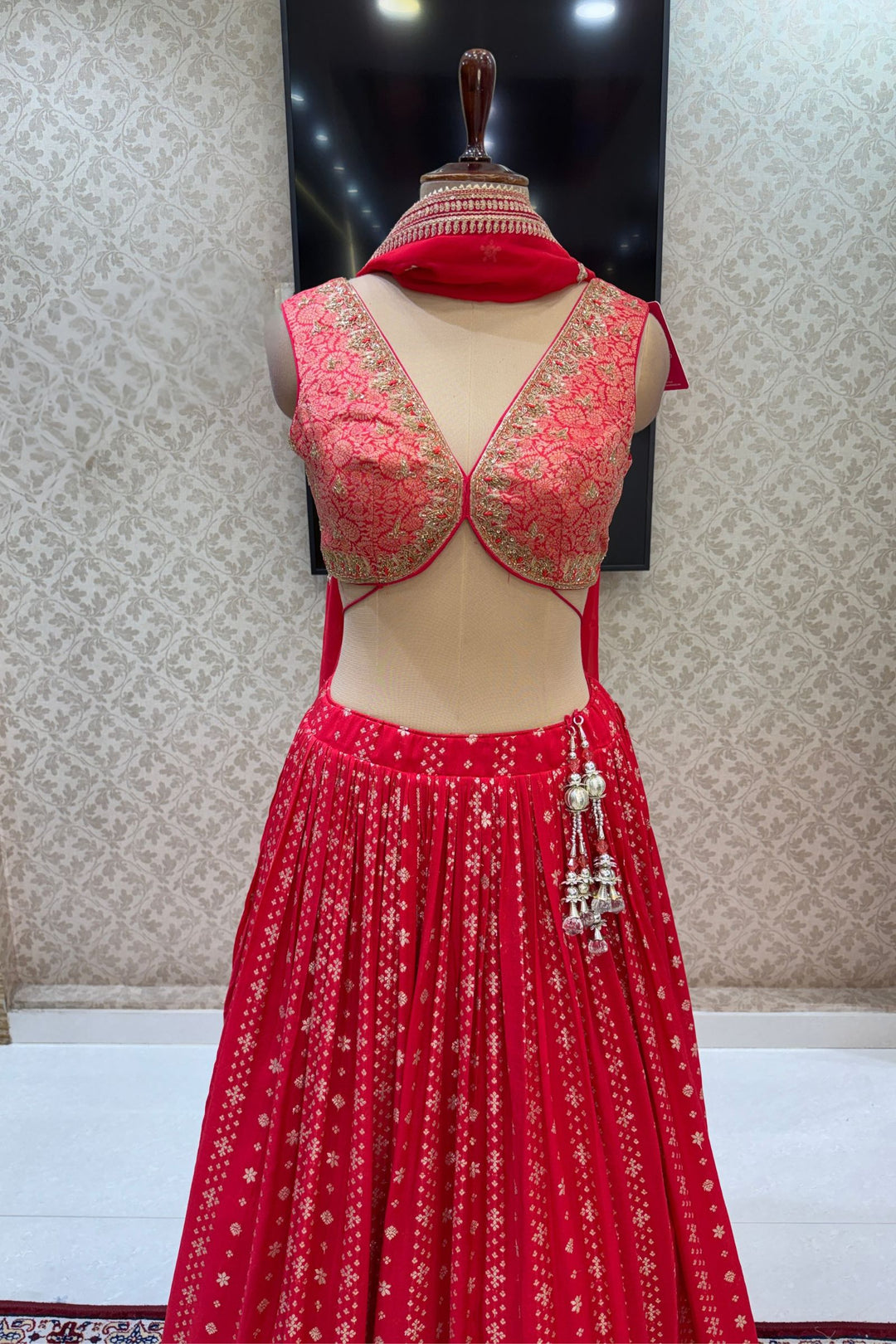 Red Brocade, Beads, Zari, Zardozi and Sequins work Crop Top Lehenga