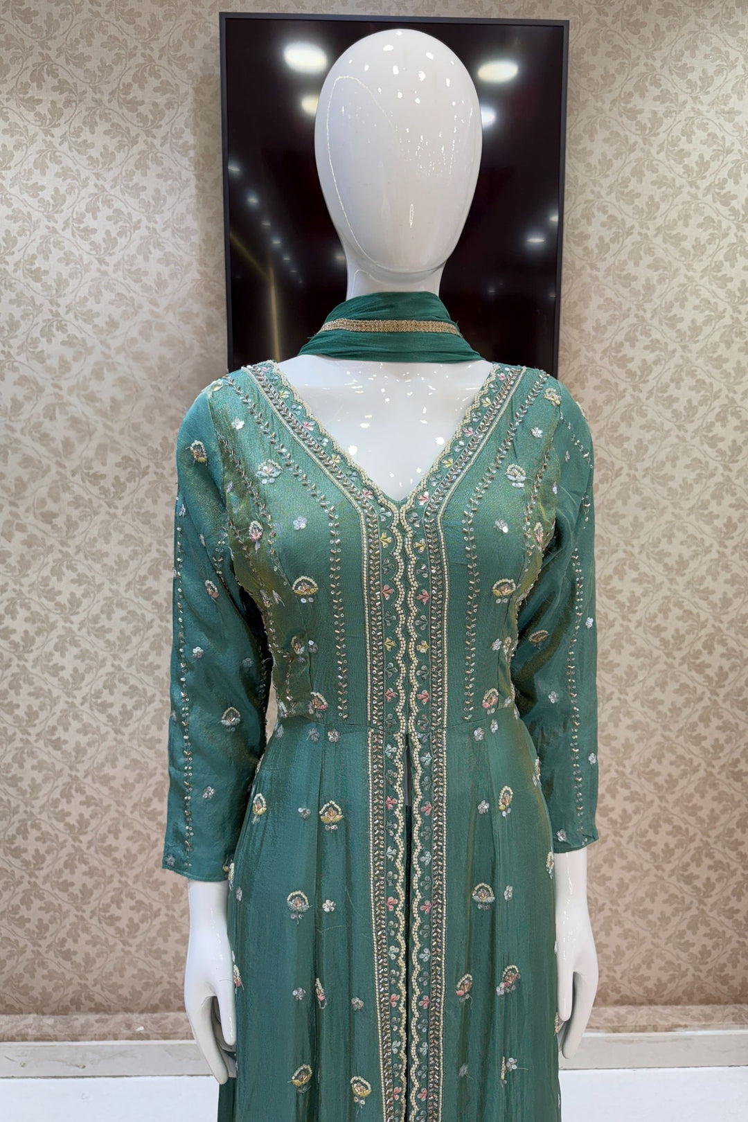 Sea Green Beads, Sequins and Thread work Long Top with Straight Pant