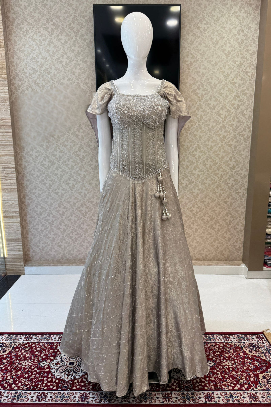 Grey Beads, Sequins and Thread work Indo-Western Styled Lehenga
