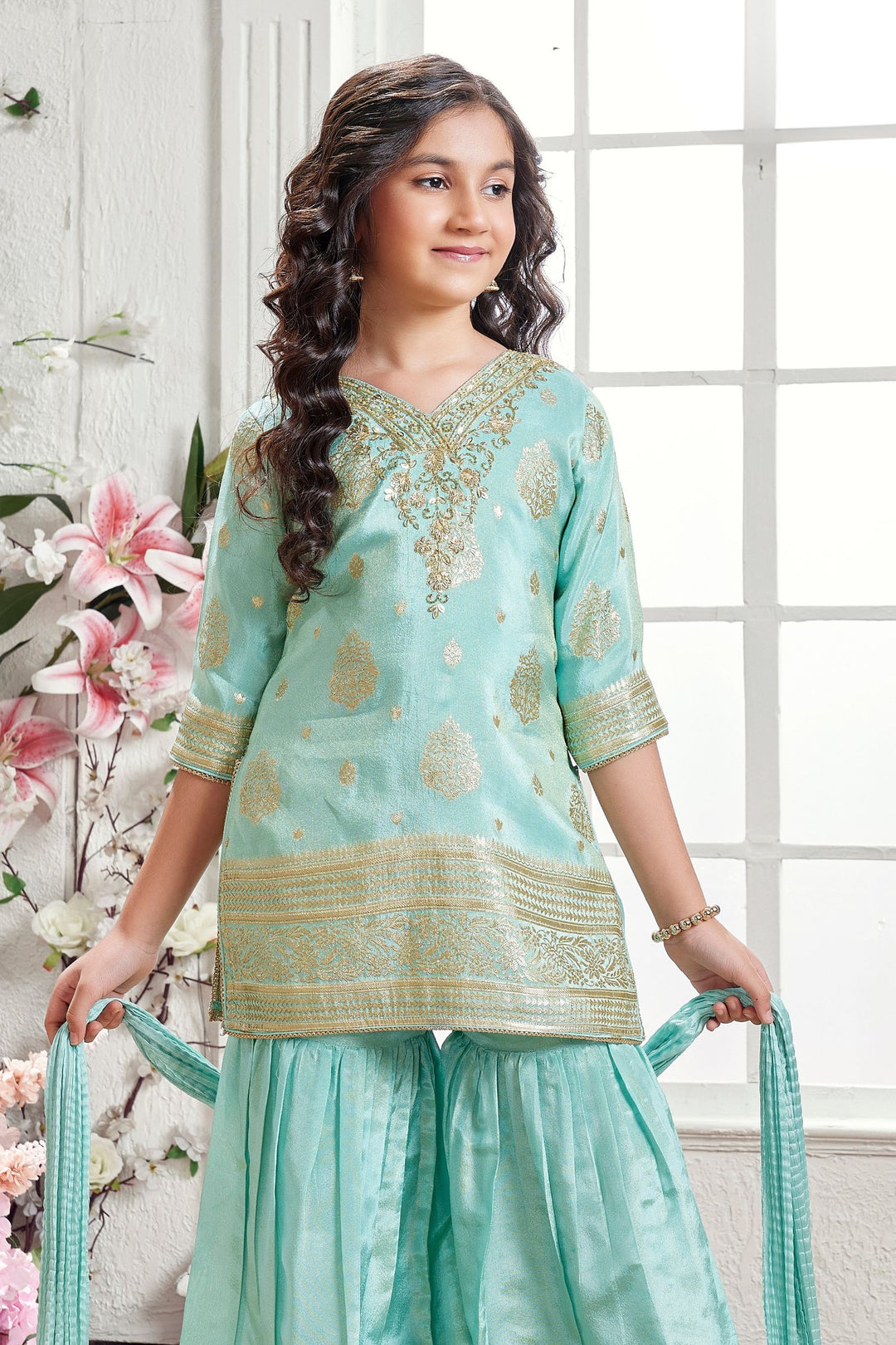 Aqua Blue Zardozi, Beads and Zari work Sharara Suit Set for Girls