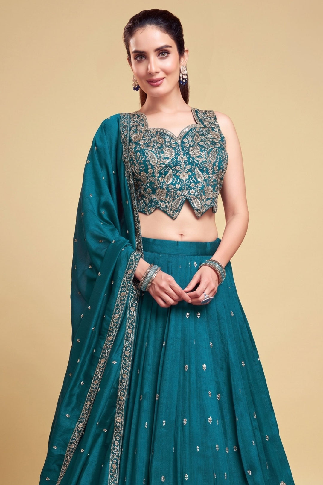 Teal Blue Zari Thread, Beads and Sequins work Lehenga