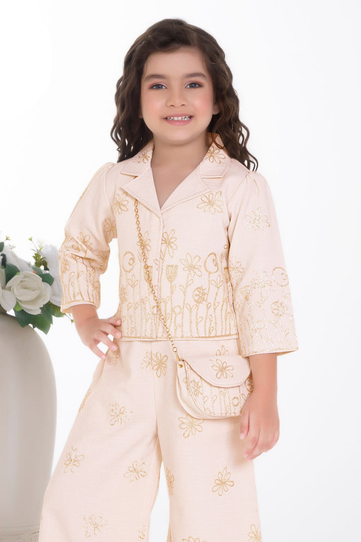 Cream Zari Thread work Co-ord Set for Girls with Bag
