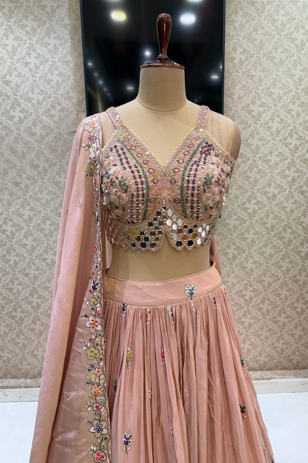 Light Peach Mirror, Sequins, Embroidery, Zardozi and Beads work Crop Top Lehenga