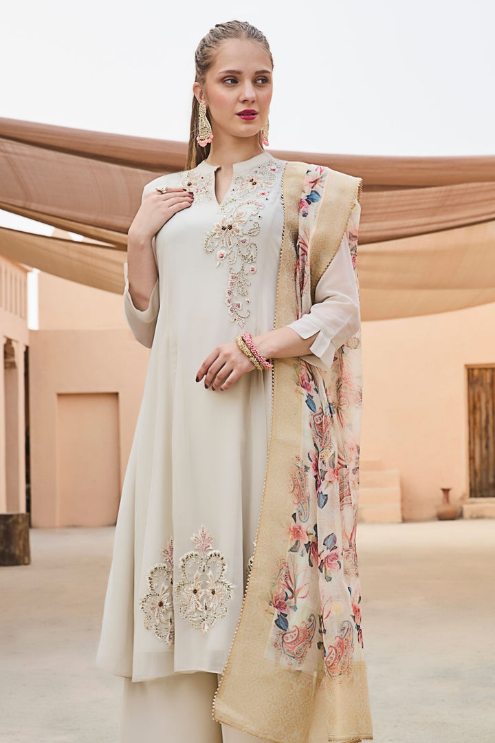 Cream Beads, Sequins and Embroidery work Anarkali Style Salwar Suit with Palazzo Pant