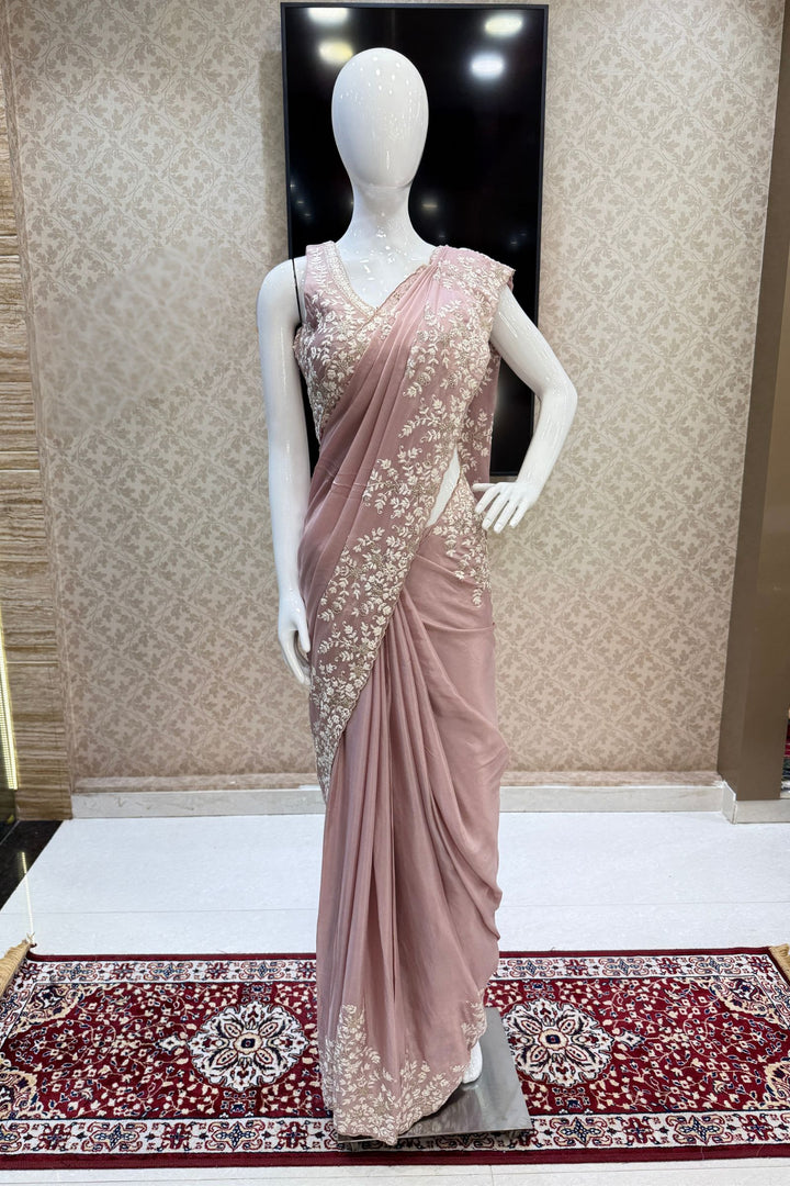 Onion Pink Embroidery, Zari and Sequins work Saree