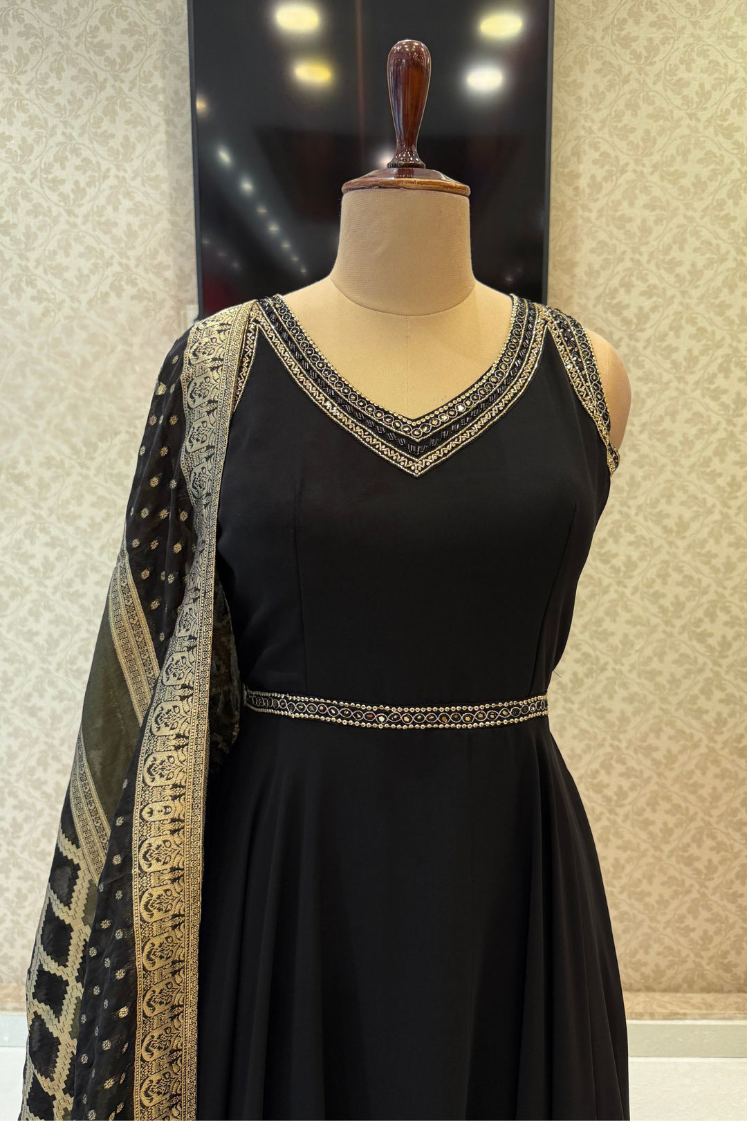 Black Beads and Sequins work Anarkali Gown with Traditional Banaras work Dupatta