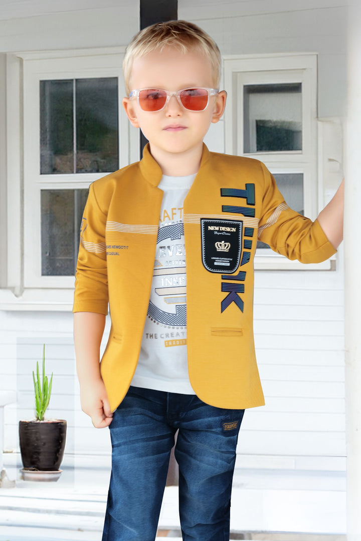 Mustard and White Printed Blazer, T-Shirt and Blue Pant Set for Boys