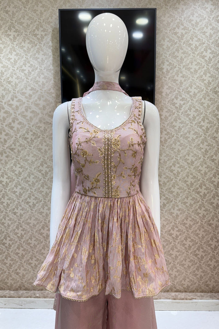 Baby Pink Banaras, Beads, Zardozi and Sequins work Peplum Top with Palazzo Suit Set