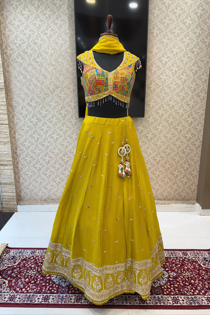 Liril Green Zardozi, Stone and Beads work with Multicolor Digital Print Crop Top Lehenga