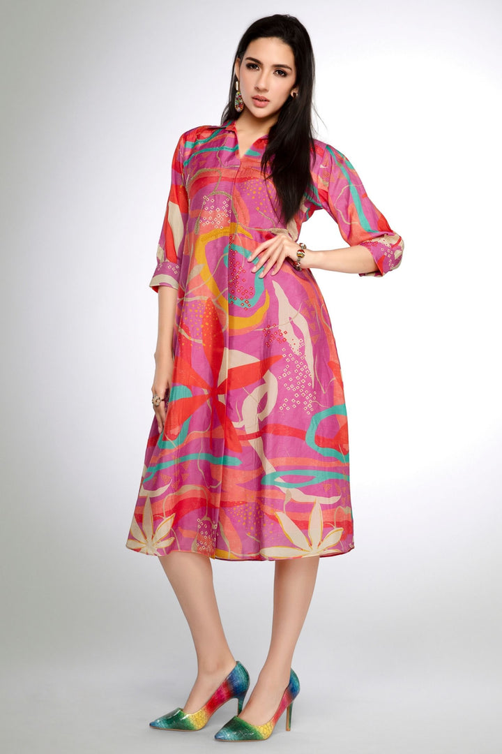 Pink with Multicolor Digital Print and Beads work Calf Length Kurti