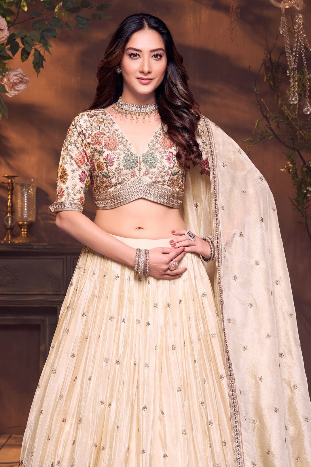 Cream Sequins, Beads, Zardozi and Multicolor Embroidery work Crop Top Lehenga