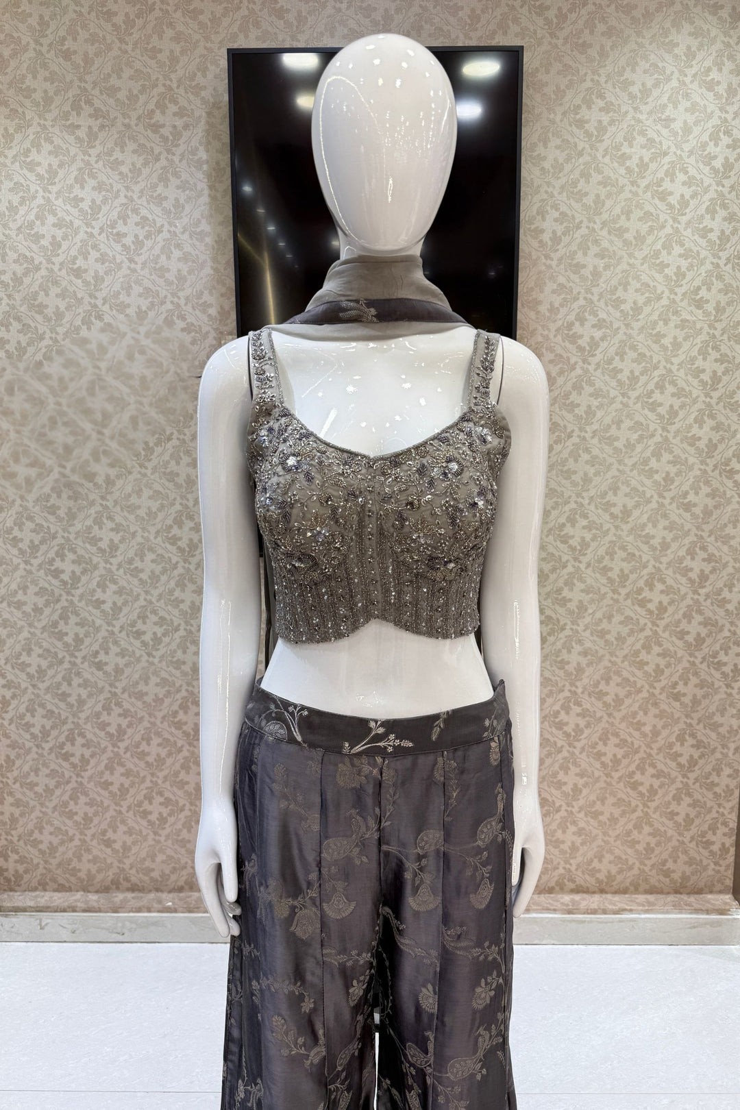 Grey Beads, Sequins, Pearls, Stone and banaras work Crop Top with Palazzo Pant