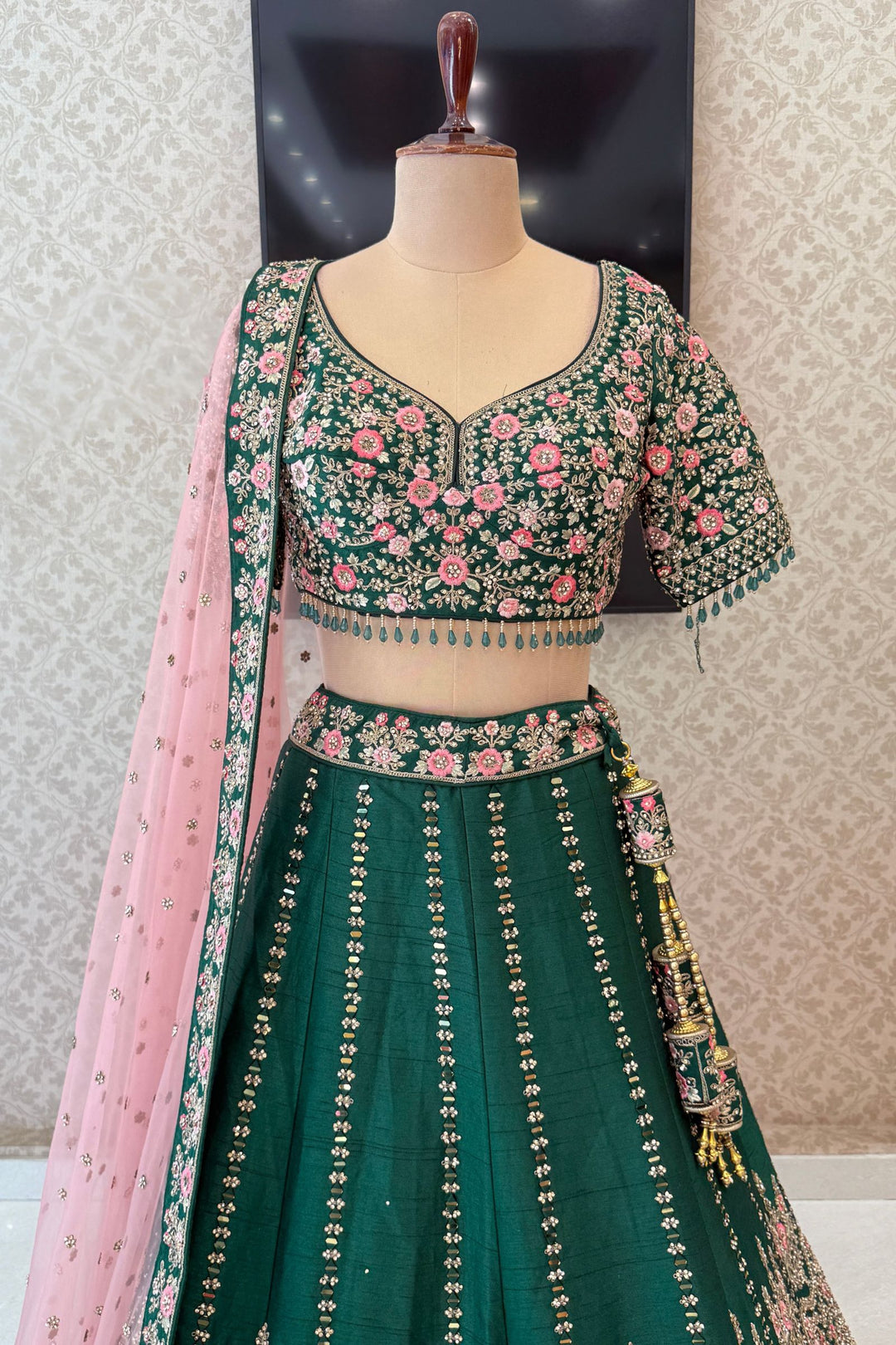 Bottle Green Bridal Lehenga with Pink Dupatta and Stone, Embroidery work