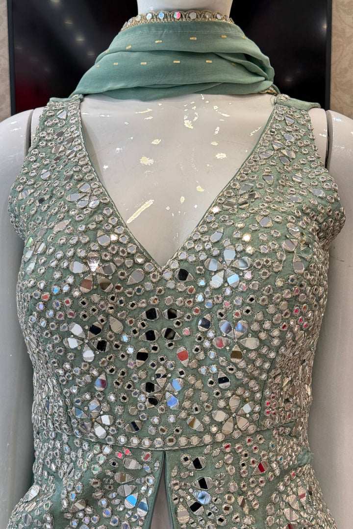 Sea Green Mirror, Zari and Stone work Top with Palazzo Pant Set