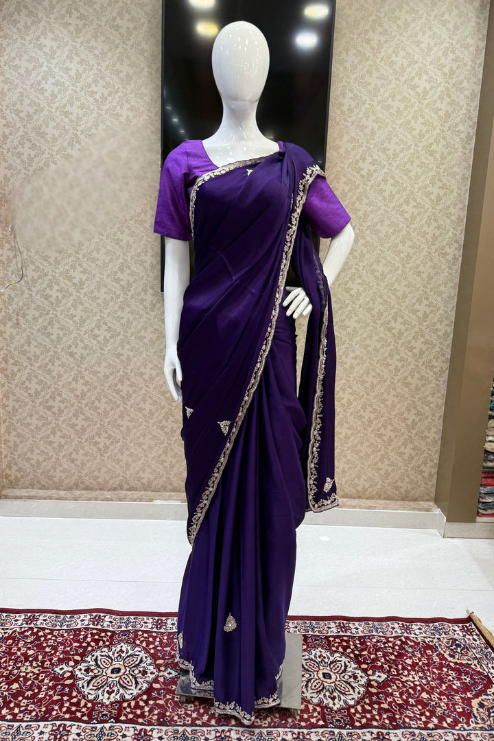 Purple Satin Saree Featuring Exquisite Bead, Zardozi and Sequins