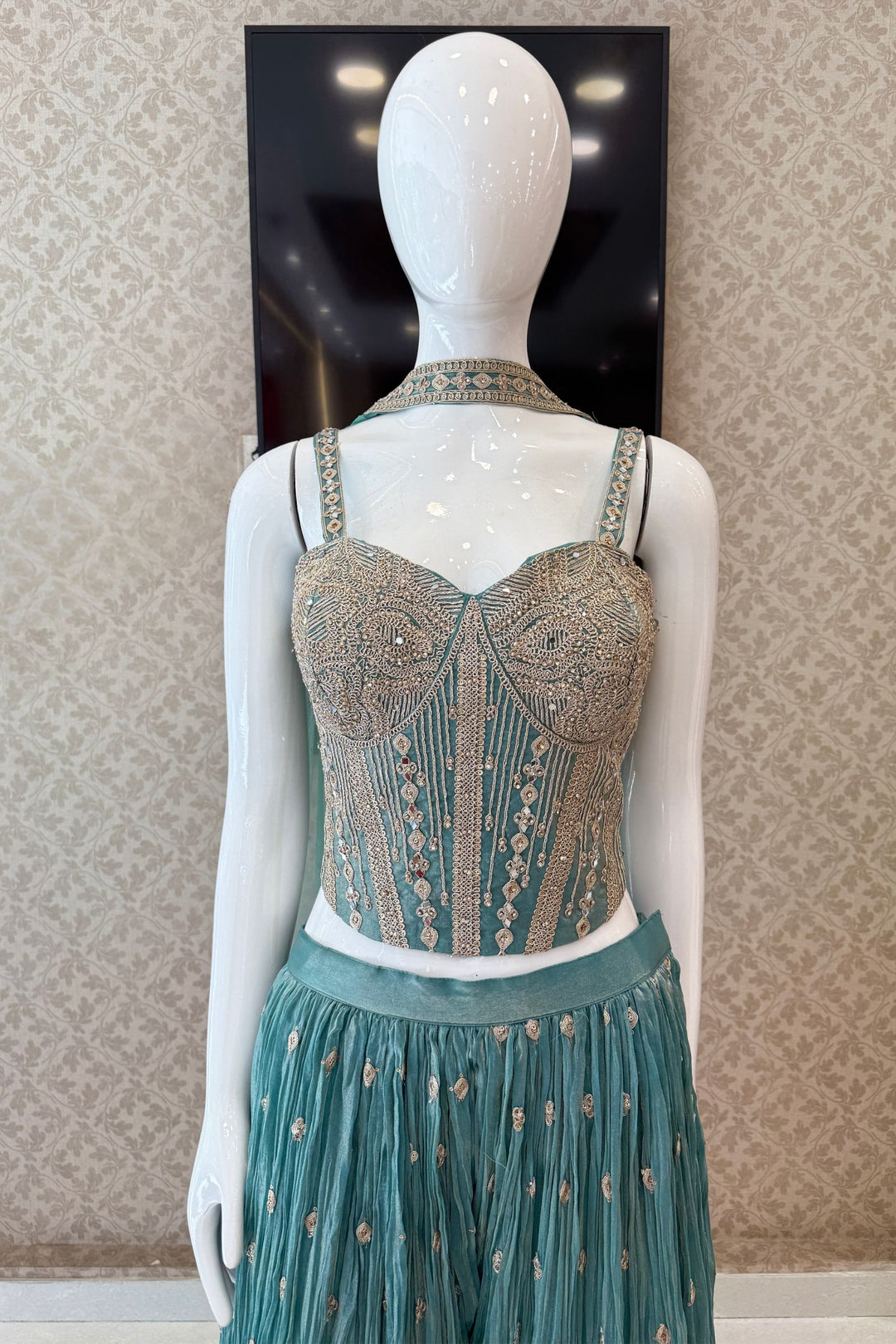 Sea Blue Zari Thread, Mirror and Stone work Palazzo Set with Corset Top