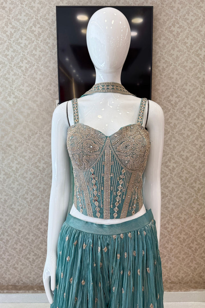 Sea Blue Zari Thread, Mirror and Stone work Palazzo Set with Corset Top