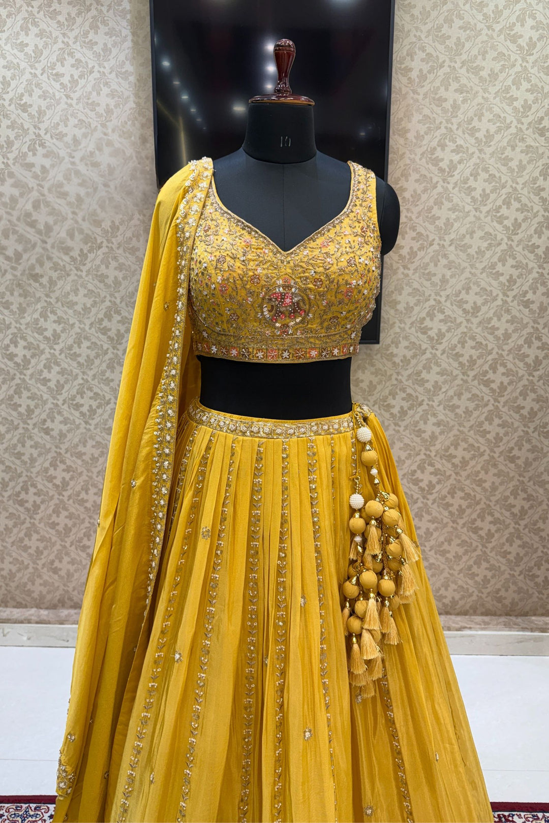 Yellow Zardozi, Beads, Thread, Sequins and Zari work Crop Top Lehenga