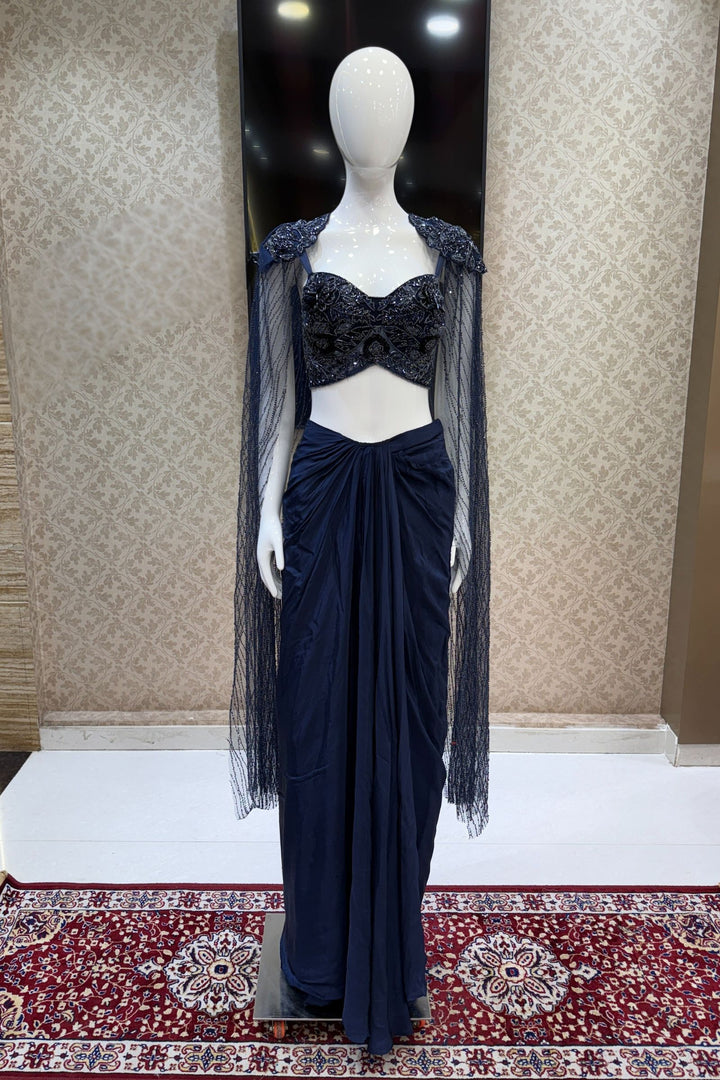Navy Blue Indo-Western Styled Beads and Sequins work Crop Top and Cowl Skirt