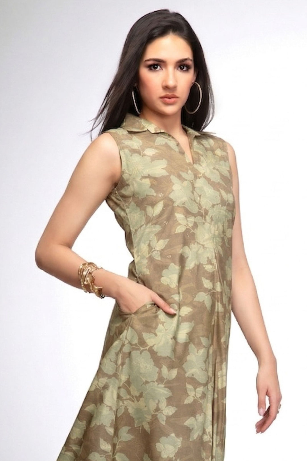 Olive Green with Digital Print and Stone work A-line Cut Calf Length Kurti