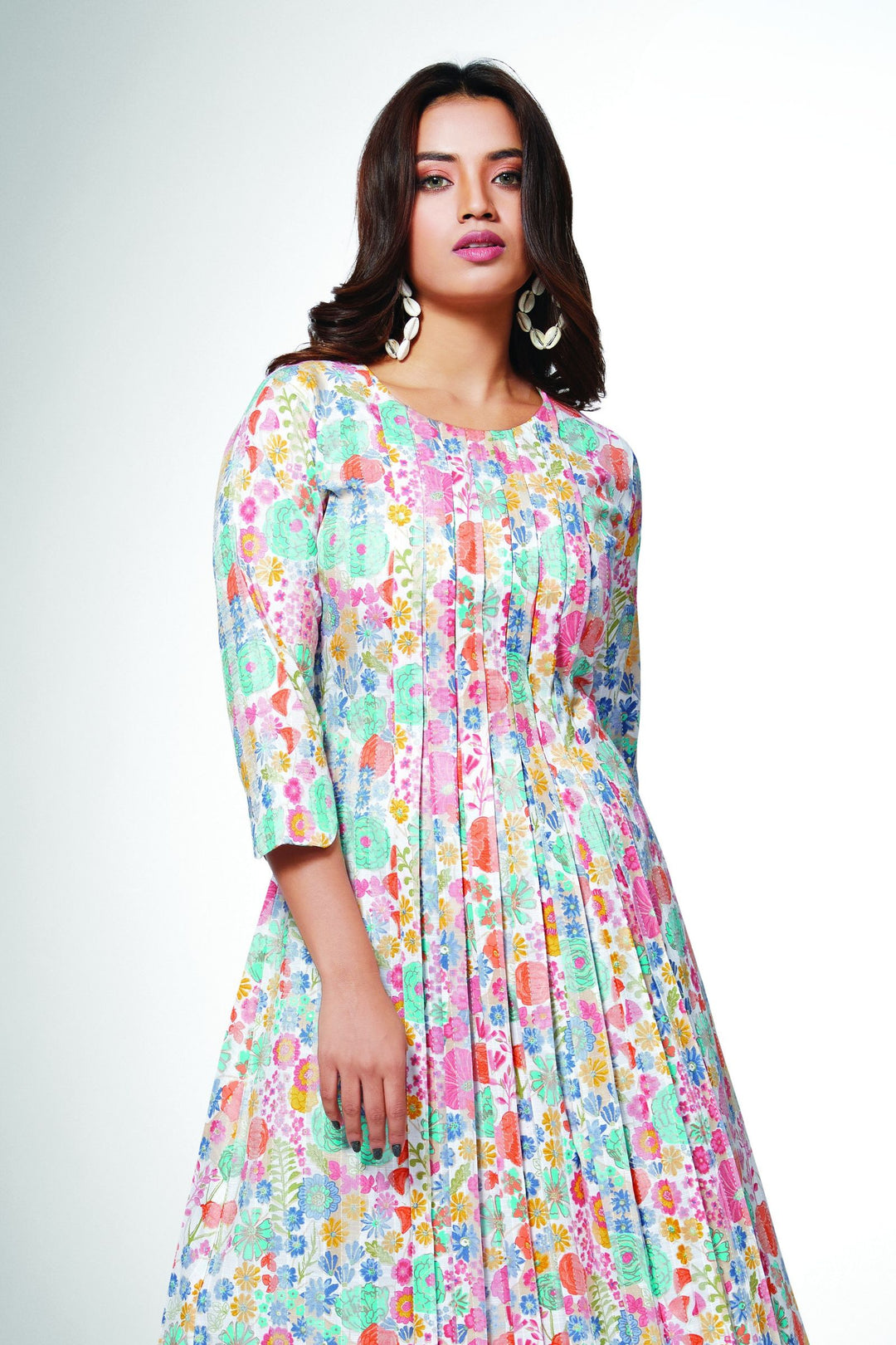 White with Floral Print Aline Cut Calf Length Kurti