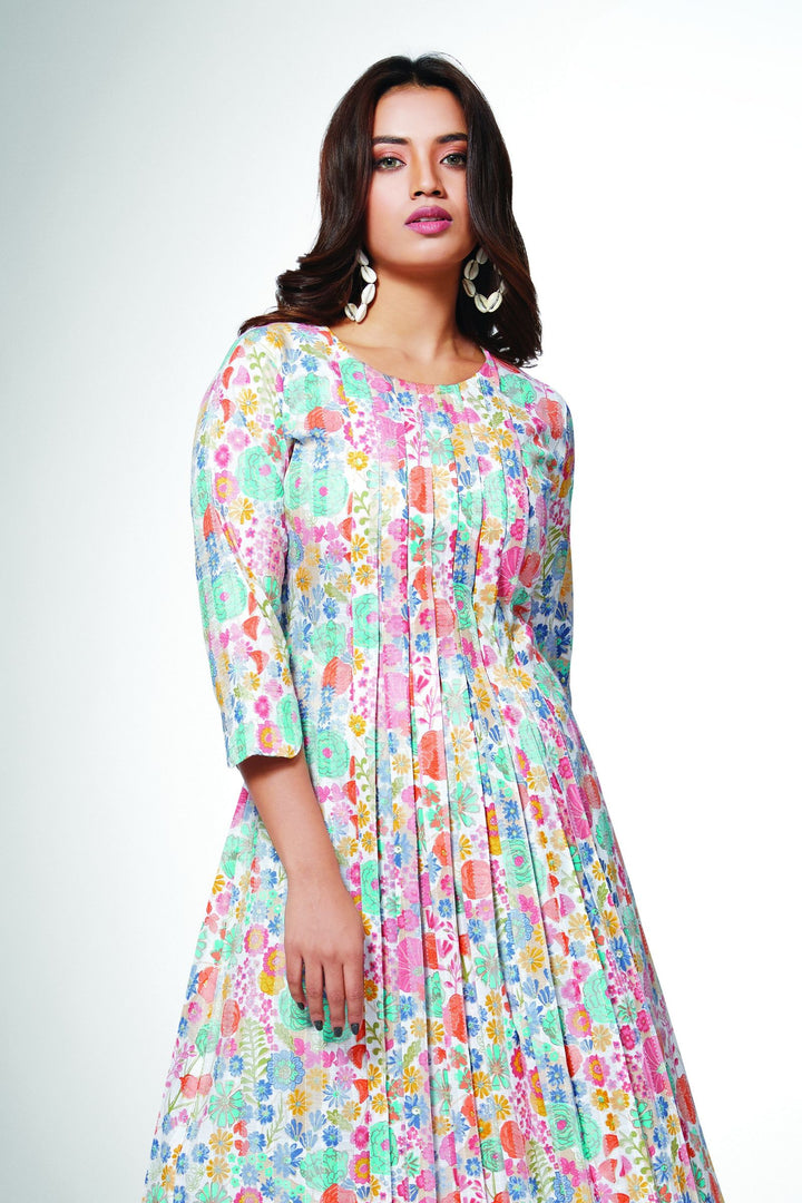 White with Floral Print Aline Cut Calf Length Kurti