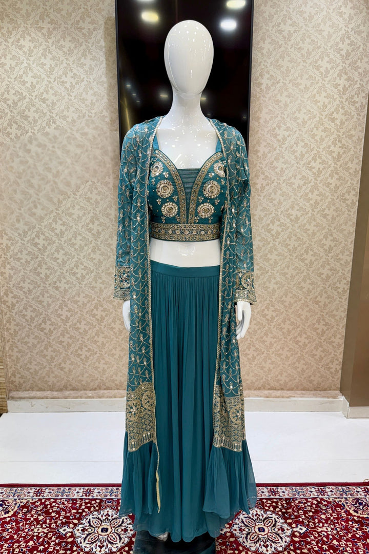 Green Mirror, Zardozi, Sequins and Beads work Overcoat Styled Palazzo Suit Set