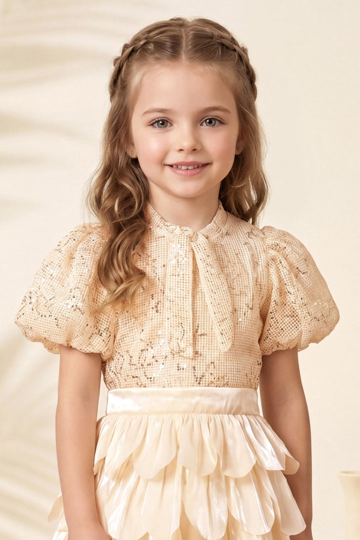Beige Sequins work Top and Skirt for Girls