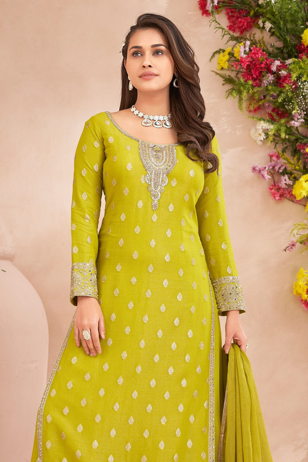 Liril Green Zari, Pearls, Stone, Zardozi and Mirror work Palazzo Salwar Suit