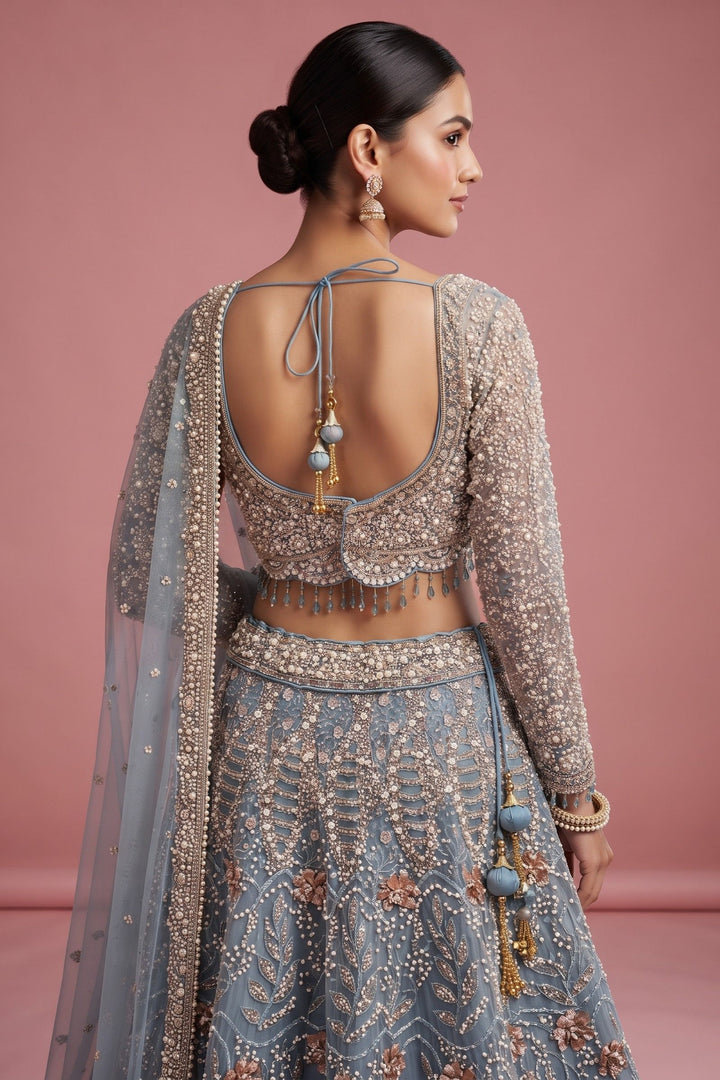Sea Blue Bridal Lehenga with Intricate Beads, Pearl and Sequins Work