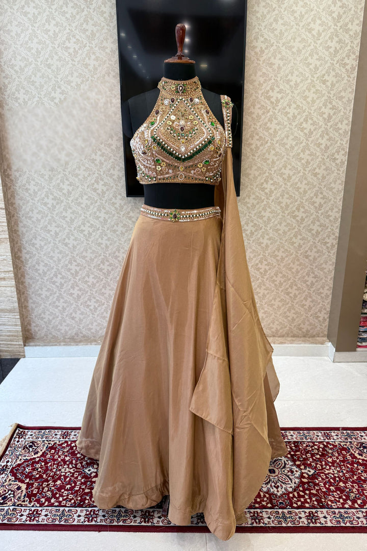 Gold Beads, Zardozi, Stone, Sequins and Pearl work with Halter Neck Crop Top Lehenga