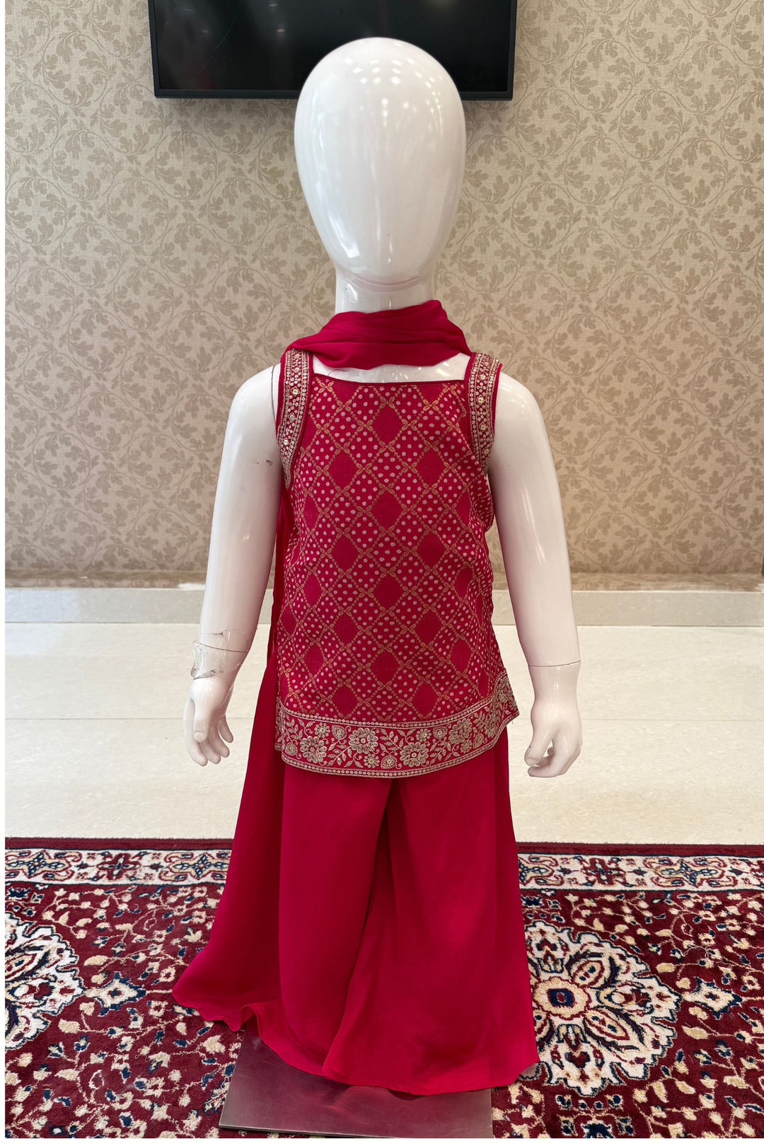 Rani Pink Banaras, Zari and Sequins work Palazzo Suit Set for Girls