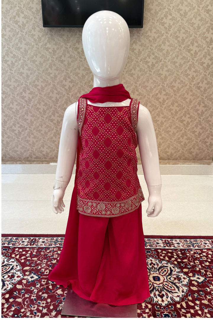 Rani Pink Banaras, Zari and Sequins work Palazzo Suit Set for Girls