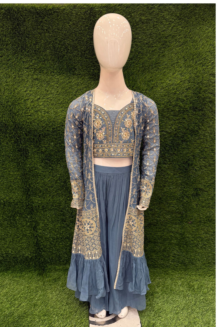 Grey Sequins, Mirror, Zari and Stone work Overcoat Styled Palazzo Set For Girls