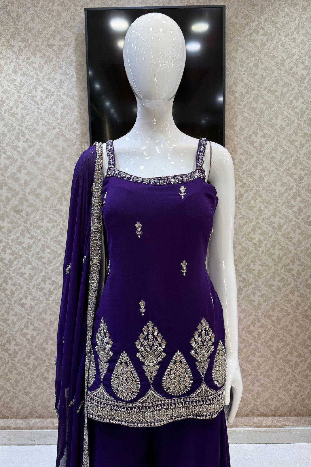 Purple Beads, Zari and Sequins work Palazzo Salwar Suit