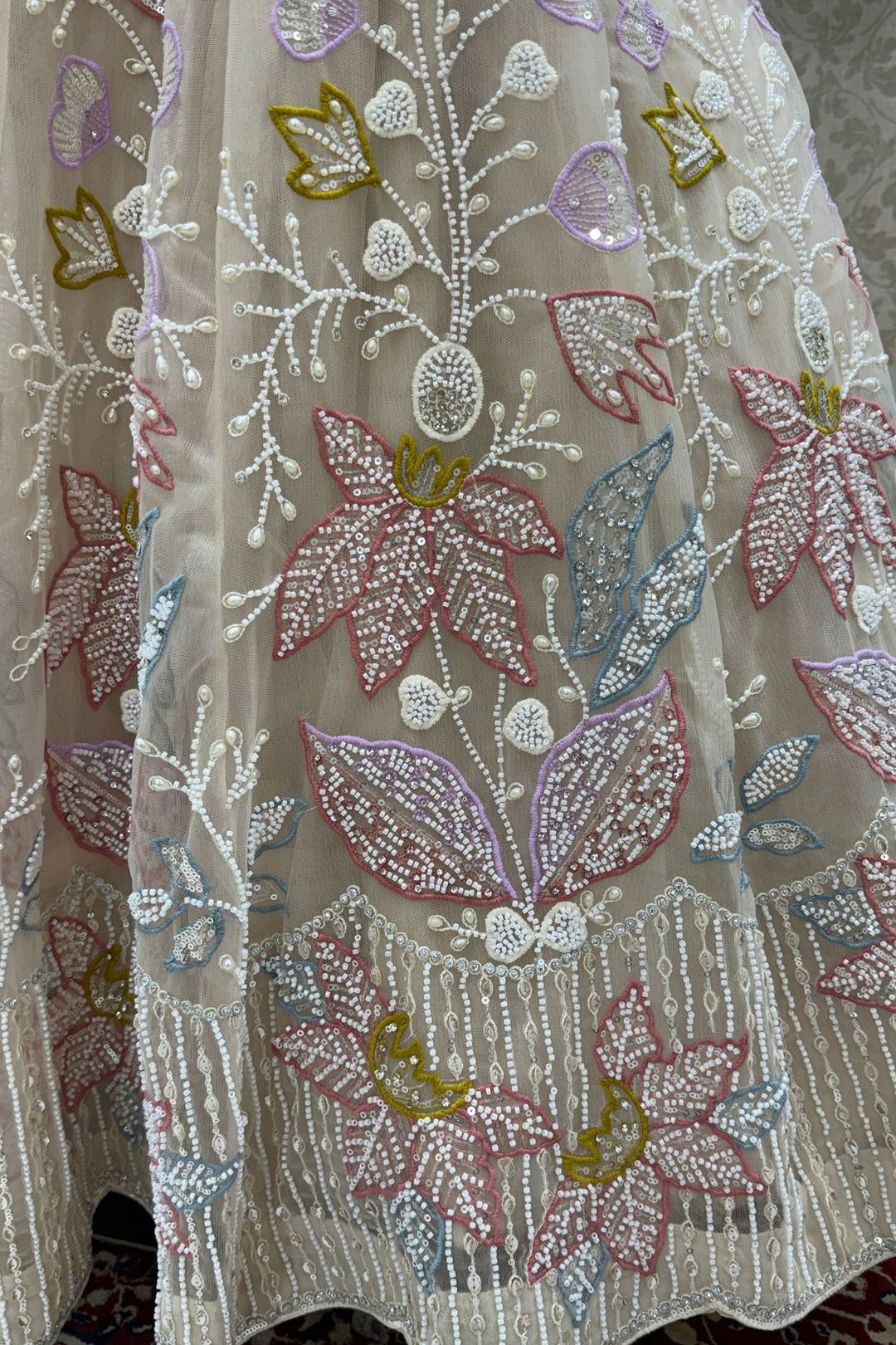 Beige Beads, Stone, Sequins, Pearl and Multicolor Embroidery work Designer Lehenga