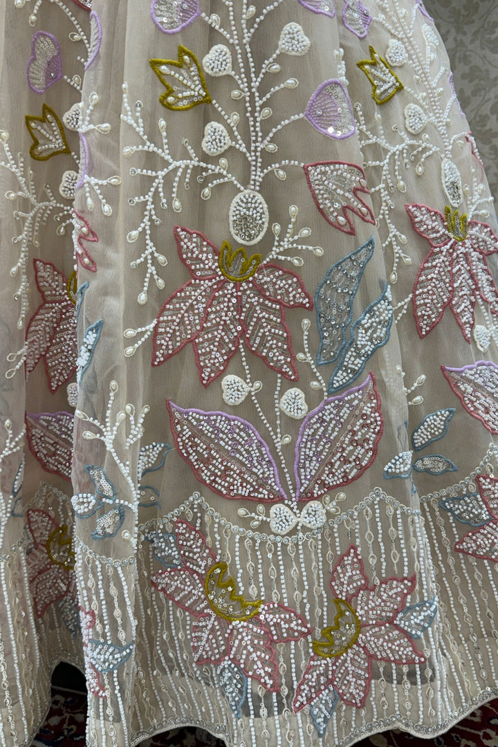 Beige Beads, Stone, Sequins, Pearl and Multicolor Embroidery work Designer Lehenga